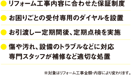 ●リフォーム工事内容に合わせた保証制度　●お困りごとの受付専用のダイヤルを設置　●お引渡し一定期間後、定期点検を実施　●傷や汚れ、設備のトラブルなどに対応 専門スタッフが補修など適切な処置